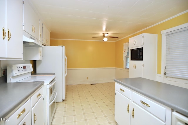 2006 N Ashland Dr, Burlington, NC 27217 - kitchen featuring white appliances, under cabinet range hood, light floors, a ceiling fan, and white cabinetry