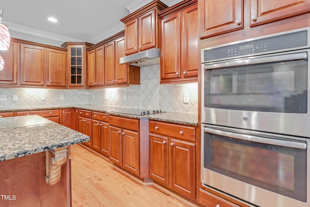 225 Norwalk St, Holly Springs, NC 27540 - kitchen featuring double oven, crown molding, under cabinet range hood, light wood-style flooring, and light stone counters