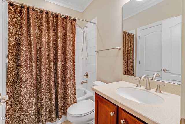 225 Norwalk St, Holly Springs, NC 27540 - bathroom with ornamental molding, vanity, toilet, and shower / tub combo with curtain