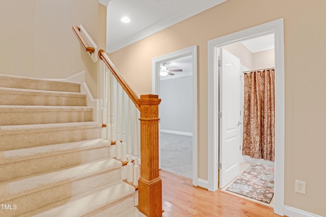 225 Norwalk St, Holly Springs, NC 27540 - stairway featuring wood finished floors, a ceiling fan, baseboards, and ornamental molding