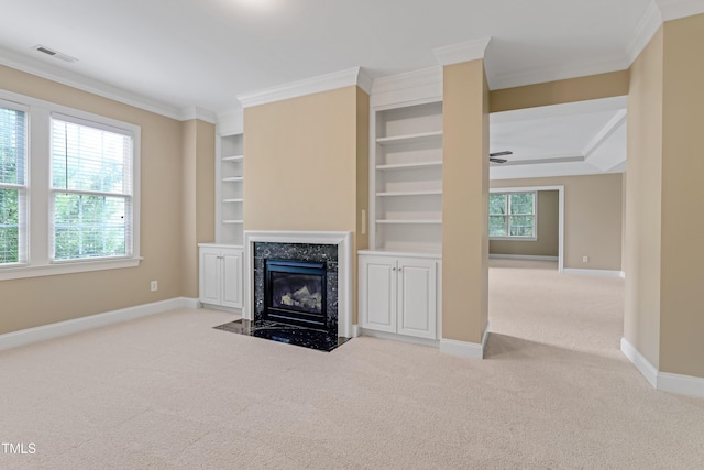225 Norwalk St, Holly Springs, NC 27540 - unfurnished living room with carpet flooring, baseboards, ornamental molding, a fireplace, and ceiling fan
