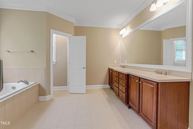 225 Norwalk St, Holly Springs, NC 27540 - full bath featuring double vanity, tile patterned floors, a garden tub, baseboards, and crown molding