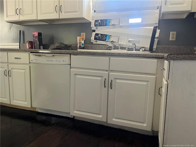 9881 Mccoll Rd, Laurinburg, NC 28352 - kitchen featuring dishwasher, white cabinets, dark countertops, and dark wood-style flooring