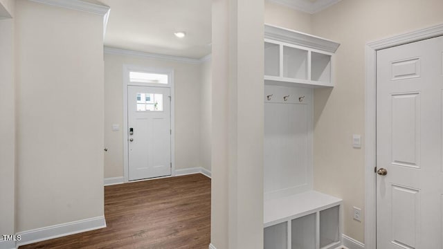 194 Gilmer St, Fuquay Varina, NC 27526 - mudroom with ornamental molding, dark wood-style floors, and baseboards