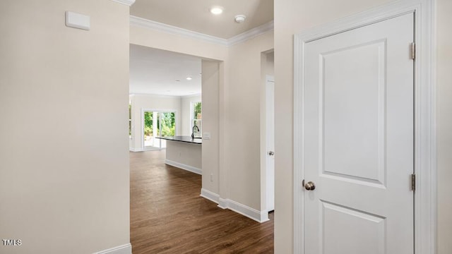 194 Gilmer St, Fuquay Varina, NC 27526 - hallway featuring ornamental molding, dark wood-style flooring, baseboards, and recessed lighting
