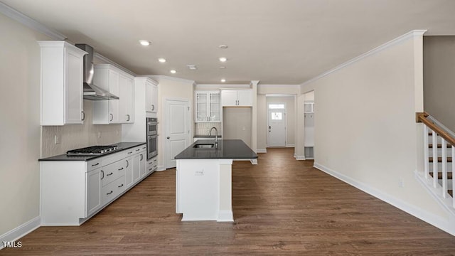 194 Gilmer St, Fuquay Varina, NC 27526 - kitchen featuring wall chimney range hood, a sink, dark countertops, white cabinets, and recessed lighting