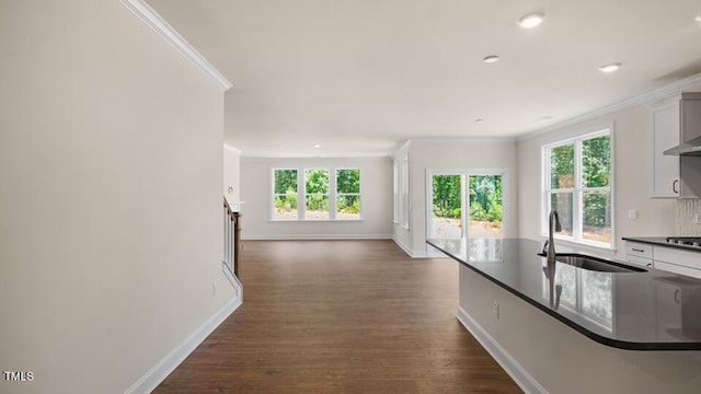 194 Gilmer St, Fuquay Varina, NC 27526 - kitchen with ornamental molding, dark countertops, baseboards, a sink, and plenty of natural light