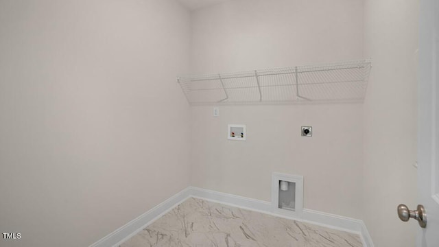 194 Gilmer St, Fuquay Varina, NC 27526 - laundry area featuring electric dryer hookup, baseboards, hookup for a washing machine, and light marble finish flooring
