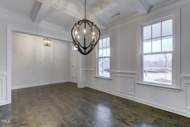 2309 Redbridge Ln, Apex, NC 27502 - unfurnished dining area with a chandelier, coffered ceiling, dark wood-style flooring, beam ceiling, and crown molding