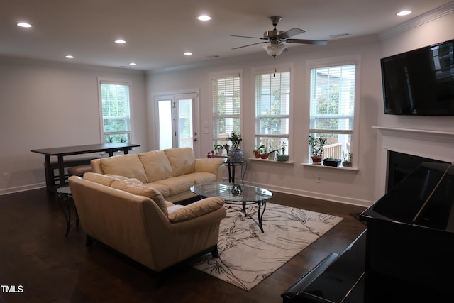 2309 Redbridge Ln, Apex, NC 27502 - living area with crown molding, a ceiling fan, recessed lighting, baseboards, and dark wood finished floors