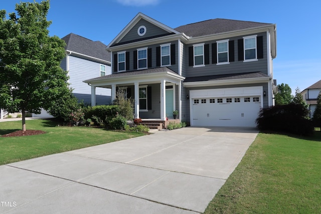 2309 Redbridge Ln, Apex, NC 27502 - view of front of house featuring covered porch, concrete driveway, an attached garage, a front yard, and a shingled roof