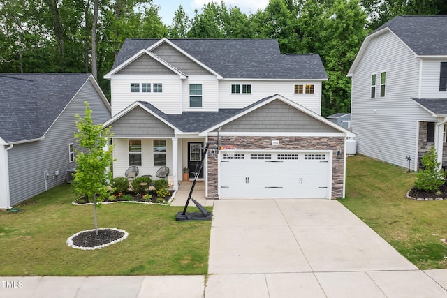 389 Whetstone Dr, Angier, NC 27501 - view of front facade with a front lawn, driveway, roof with shingles, and stone siding