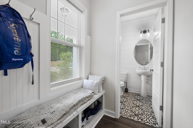 389 Whetstone Dr, Angier, NC 27501 - half bath with toilet, baseboards, and wood finished floors