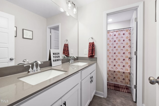 389 Whetstone Dr, Angier, NC 27501 - full bathroom featuring double vanity, a shower with curtain, and baseboards