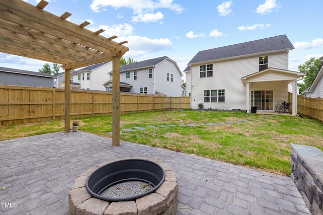 389 Whetstone Dr, Angier, NC 27501 - view of patio / terrace featuring a pergola, an outdoor fire pit, and a residential view