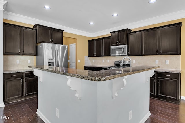 211 Westgrove Ct, Durham, NC 27703 - kitchen with appliances with stainless steel finishes, tasteful backsplash, dark wood-style flooring, crown molding, and recessed lighting