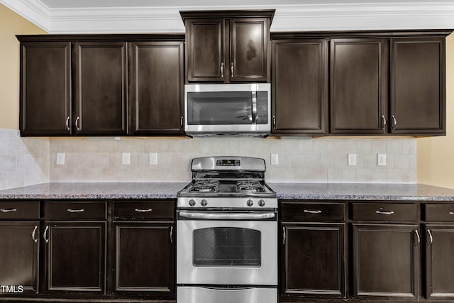 211 Westgrove Ct, Durham, NC 27703 - kitchen featuring stainless steel appliances, light stone counters, dark brown cabinets, backsplash, and ornamental molding
