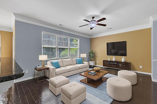 211 Westgrove Ct, Durham, NC 27703 - living area with wood-type flooring, baseboards, crown molding, and a ceiling fan