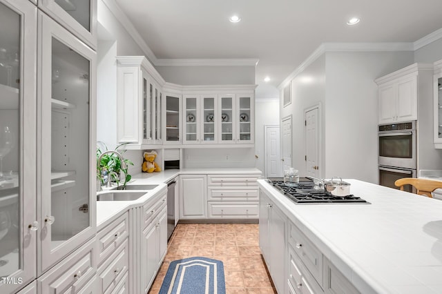 100 Sundance Pl, Chapel Hill, NC 27514 - kitchen featuring stainless steel appliances, white cabinetry, recessed lighting, glass insert cabinets, and crown molding