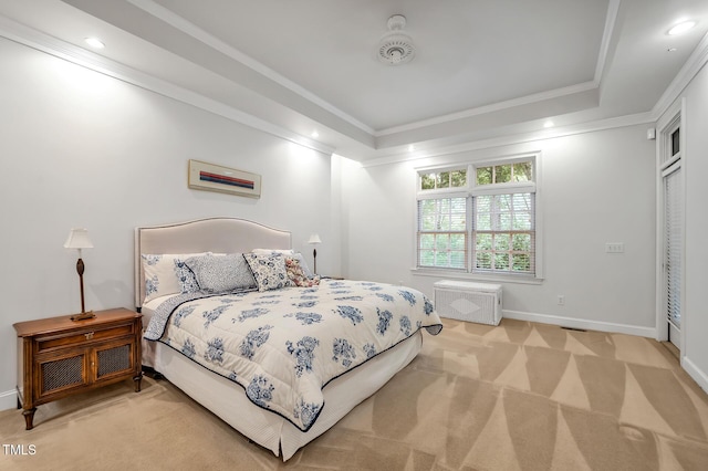 100 Sundance Pl, Chapel Hill, NC 27514 - bedroom with light colored carpet, crown molding, a tray ceiling, a wall mounted air conditioner, and recessed lighting
