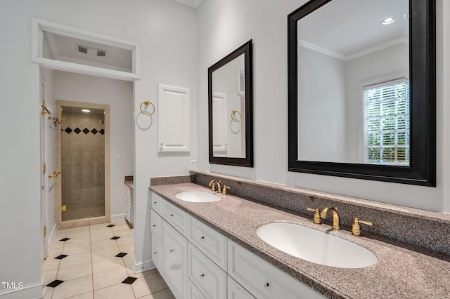100 Sundance Pl, Chapel Hill, NC 27514 - bathroom featuring double vanity, a shower stall, tile patterned flooring, and crown molding