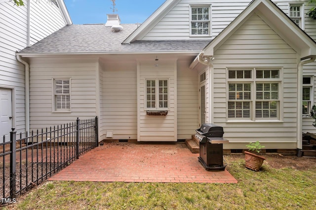 100 Sundance Pl, Chapel Hill, NC 27514 - rear view of house with a patio, crawl space, a shingled roof, and a chimney
