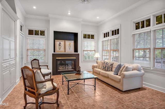 100 Sundance Pl, Chapel Hill, NC 27514 - living room with healthy amount of natural light, a glass covered fireplace, light tile patterned flooring, crown molding, and recessed lighting