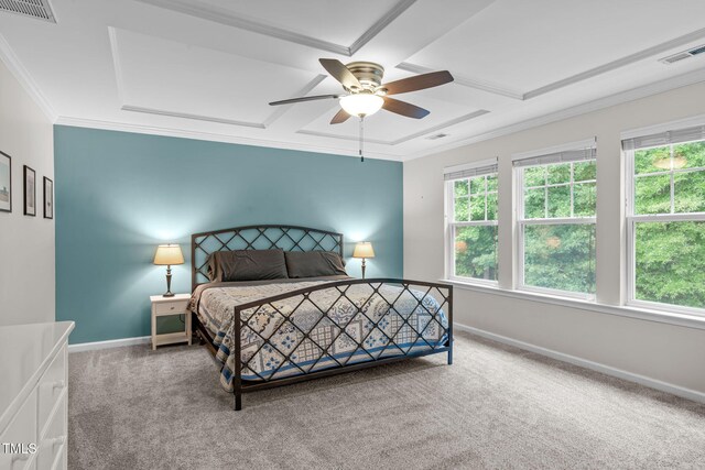 1939 Mostyn Ln, Apex, NC 27502 - bedroom with ornamental molding, carpet flooring, multiple windows, baseboards, and coffered ceiling