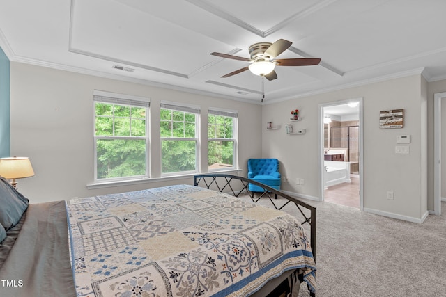 1939 Mostyn Ln, Apex, NC 27502 - carpeted bedroom with ornamental molding, baseboards, ensuite bath, a ceiling fan, and attic access
