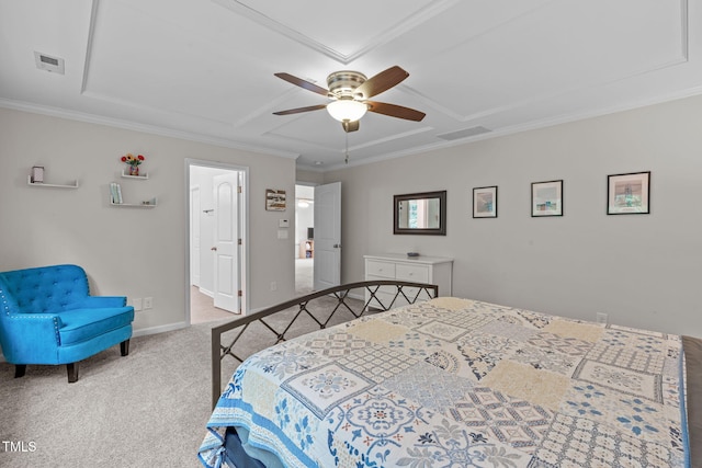 1939 Mostyn Ln, Apex, NC 27502 - carpeted bedroom with attic access, baseboards, crown molding, and a ceiling fan