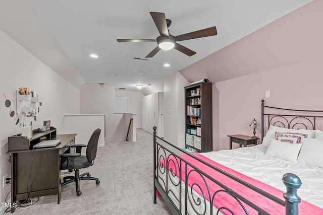 1939 Mostyn Ln, Apex, NC 27502 - bedroom featuring light carpet, lofted ceiling, an office area, a ceiling fan, and recessed lighting
