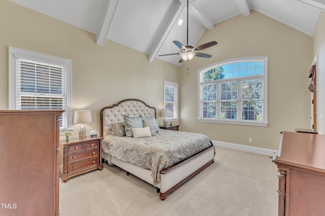 105 Somerley Dr, Garner, NC 27529 - bedroom with light carpet, beam ceiling, baseboards, ceiling fan, and high vaulted ceiling