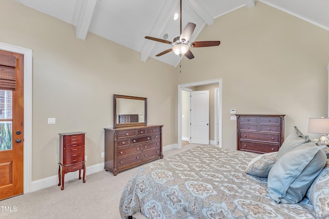 105 Somerley Dr, Garner, NC 27529 - carpeted bedroom with beam ceiling, high vaulted ceiling, baseboards, and a ceiling fan