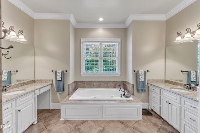 105 Somerley Dr, Garner, NC 27529 - full bathroom with tile patterned floors, two vanities, a whirlpool tub, and ornamental molding