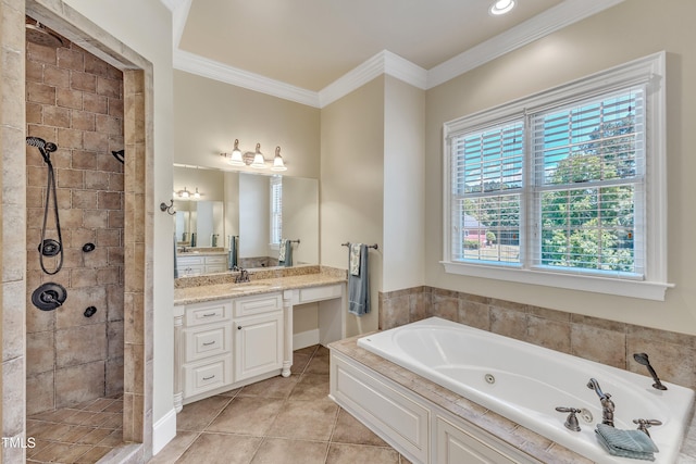 105 Somerley Dr, Garner, NC 27529 - full bathroom featuring a jetted tub, vanity, a tile shower, ornamental molding, and tile patterned flooring