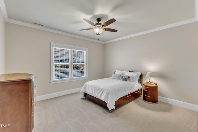 105 Somerley Dr, Garner, NC 27529 - bedroom with baseboards, ornamental molding, light colored carpet, and a ceiling fan