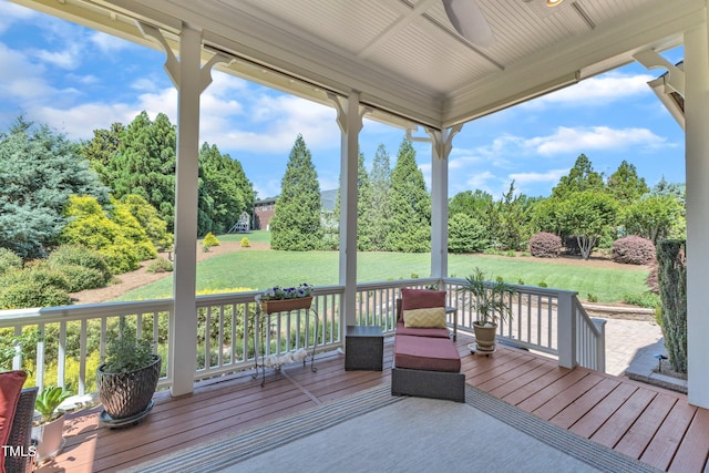 105 Somerley Dr, Garner, NC 27529 - wooden deck featuring ceiling fan and a lawn