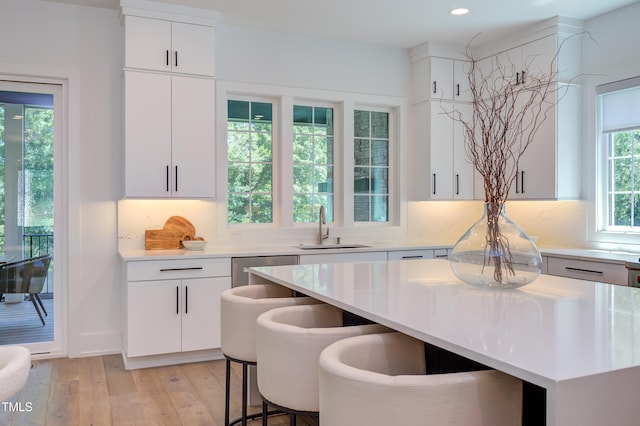 2114 Cowper Dr, Raleigh, NC 27608 - kitchen with light wood-style floors, light countertops, stainless steel dishwasher, backsplash, and recessed lighting
