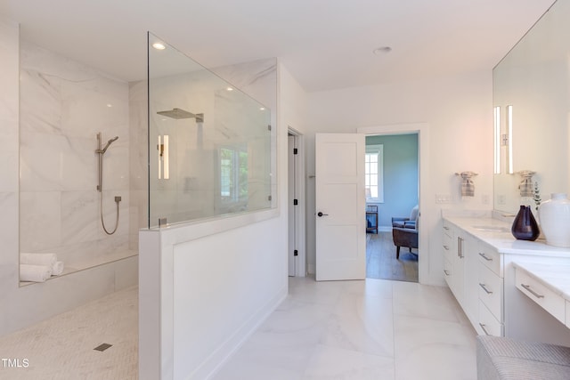 2114 Cowper Dr, Raleigh, NC 27608 - bathroom featuring a walk in shower, vanity, ensuite bath, and recessed lighting