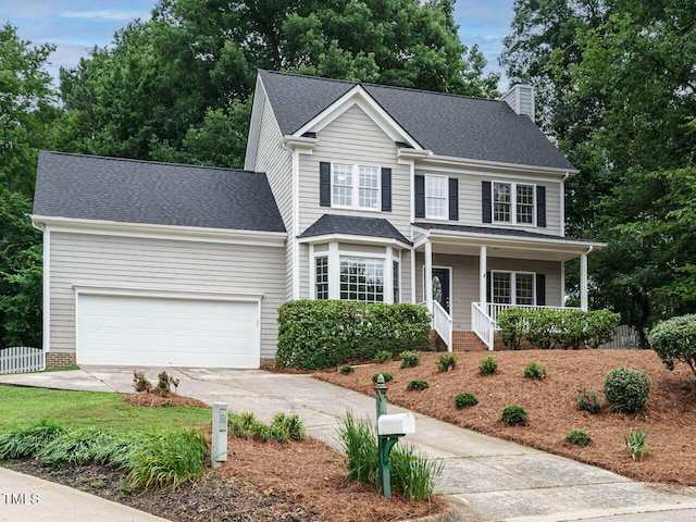 9020 Branch Creek Way, Apex, NC 27539 - traditional-style home featuring concrete driveway, a porch, a chimney, a garage, and roof with shingles