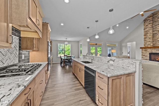 540 Pine Ridge Rd, Zebulon, NC 27597 - kitchen featuring a sink, dishwashing machine, stainless steel gas stovetop, light wood-type flooring, and open floor plan
