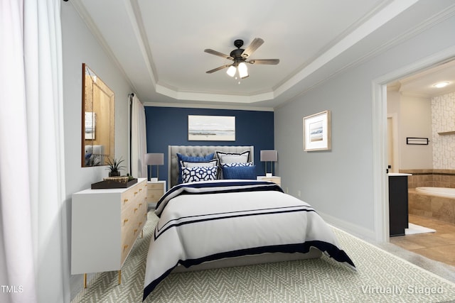 150 Churchill Rd, Louisburg, NC 27549 - bedroom featuring ornamental molding, a raised ceiling, ensuite bath, carpet floors, and baseboards