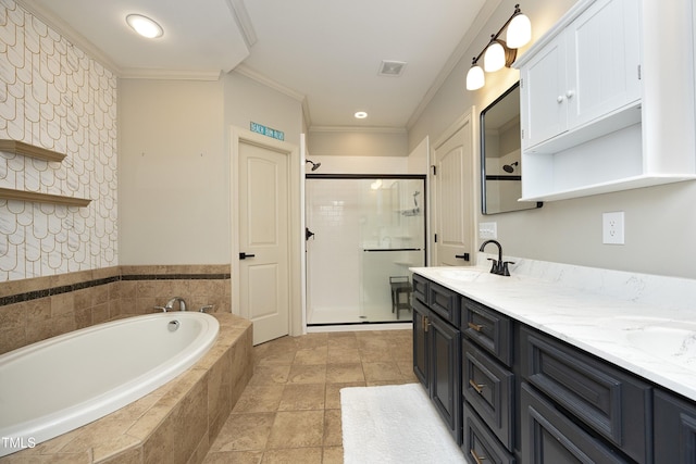 150 Churchill Rd, Louisburg, NC 27549 - full bathroom featuring ornamental molding, double vanity, a stall shower, a bath, and recessed lighting