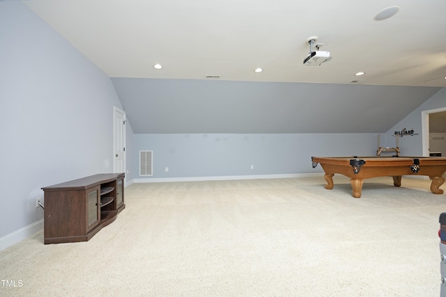 150 Churchill Rd, Louisburg, NC 27549 - rec room with lofted ceiling, baseboards, light carpet, billiards, and recessed lighting