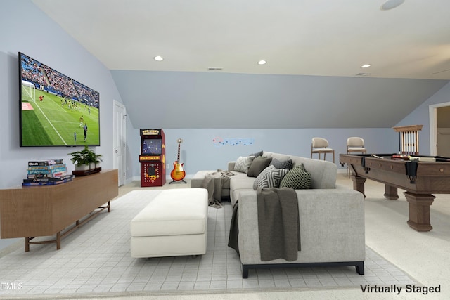 150 Churchill Rd, Louisburg, NC 27549 - living room with lofted ceiling, recessed lighting, pool table, and baseboards