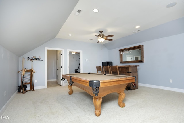 150 Churchill Rd, Louisburg, NC 27549 - recreation room featuring carpet flooring, billiards, recessed lighting, vaulted ceiling, and ceiling fan
