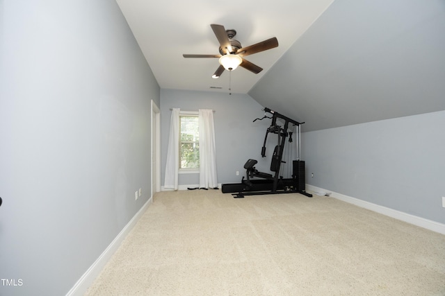150 Churchill Rd, Louisburg, NC 27549 - exercise room with ceiling fan, vaulted ceiling, light carpet, and baseboards