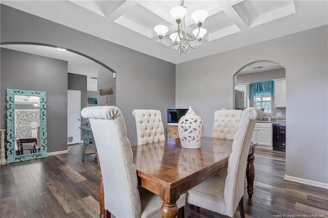4943 Lion Heart Ln, Parkton, NC 28371 - dining area with coffered ceiling, arched walkways, a chandelier, dark wood-style flooring, and beamed ceiling