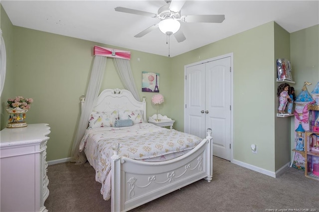 4943 Lion Heart Ln, Parkton, NC 28371 - bedroom with carpet, a closet, baseboards, and ceiling fan