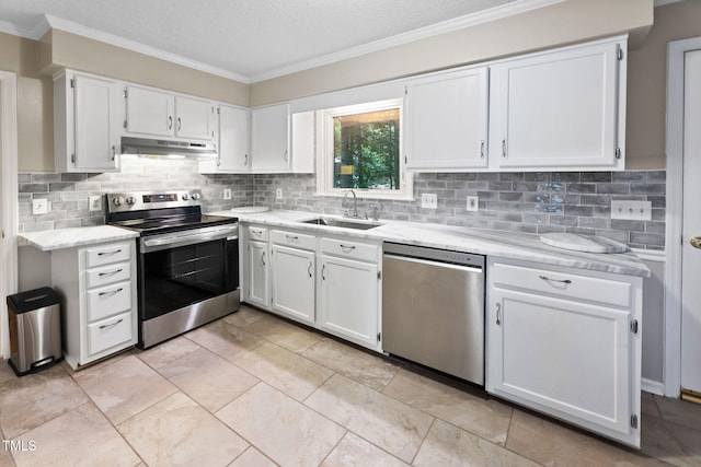 905 Balmoral Dr, Cary, NC 27511 - kitchen featuring appliances with stainless steel finishes, a sink, crown molding, white cabinets, and under cabinet range hood